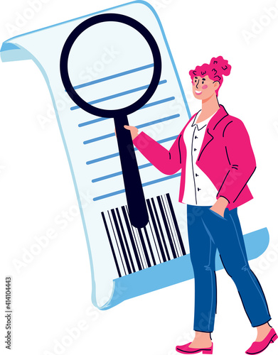 Concept of audit and tax consultation with a woman checking an invoice document. Business consultant services for financial audit accounting, cartoon vector illustration isolated on white background.