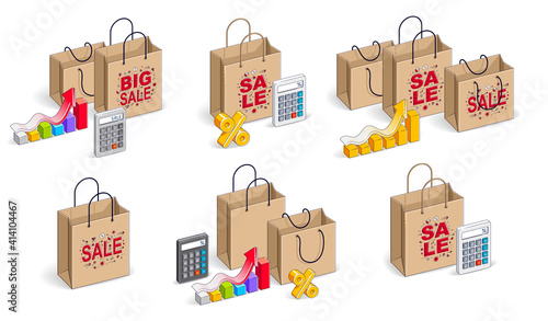 Shop retail sale vector 3D illustrations set isolated on white background, shopping bags with money and other elements, store discount, Black Friday concept, clearance.