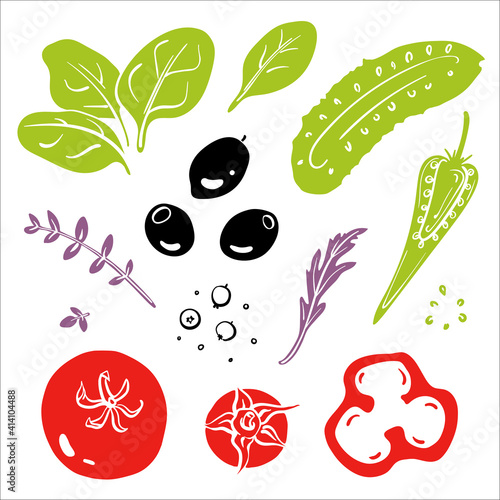 Salad set: tomatoes, cucumbers, olives, spinach, pepper. Colorful sketch collection of vegetables and herbs isolated on white background. Doodle hand drawn vegetable icons. Vector illustration