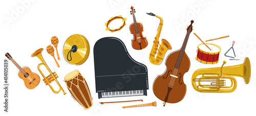 Classical music instruments composition vector flat style illustration isolated on white, classic orchestra acoustic sound, concert or festival, diversity of musical tools.