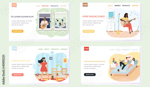 Set of illustrations with learning and practicing playing guitar. People perform music and songs. Guitarists use stringed instrument. Website with online music lessons. Musicians create songs