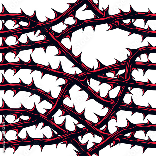 Horror art style seamless pattern, vector background. Blackthorn branches with thorns stylish endless illustration. Hard Rock and Heavy metal subculture music textile fashion stylish design.