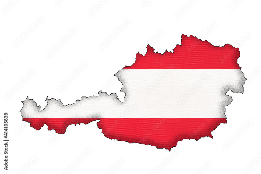 Fototapeta Austria granicy sylwetka z flagą narodową. Kontur kraju na mapie geograficznej.