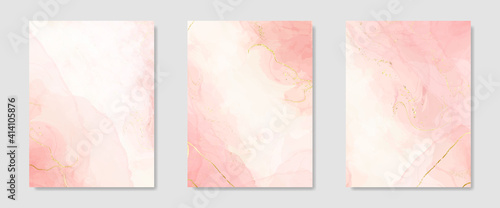Collection of abstract pink liquid watercolor background with golden crackers. Pastel marble alcohol ink drawing effect. Vector illustration design template for wedding invitation
