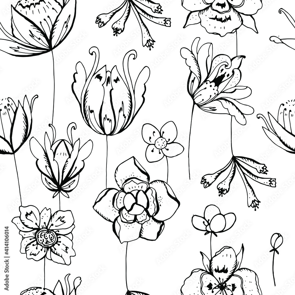 Seamless pattern with black hand drawn tulips. Endless floral texture
