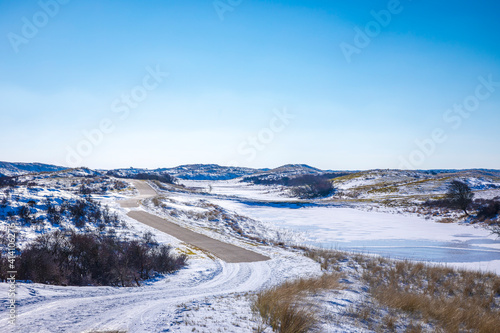 Snowy and ice winter landscape at the Amsterdamse Waterleidingduinen