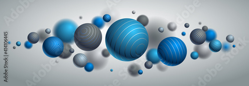 Abstract spheres vector background, composition of flying balls decorated with lines, 3D mixed realistic globes, realistic depth of field effect.