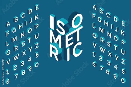 Isometric alphabet. 3d bold uppercase latin letters and numbers, geometric futuristic typography, cubic straight block english font different angles, simple abc isometry vector isolated set