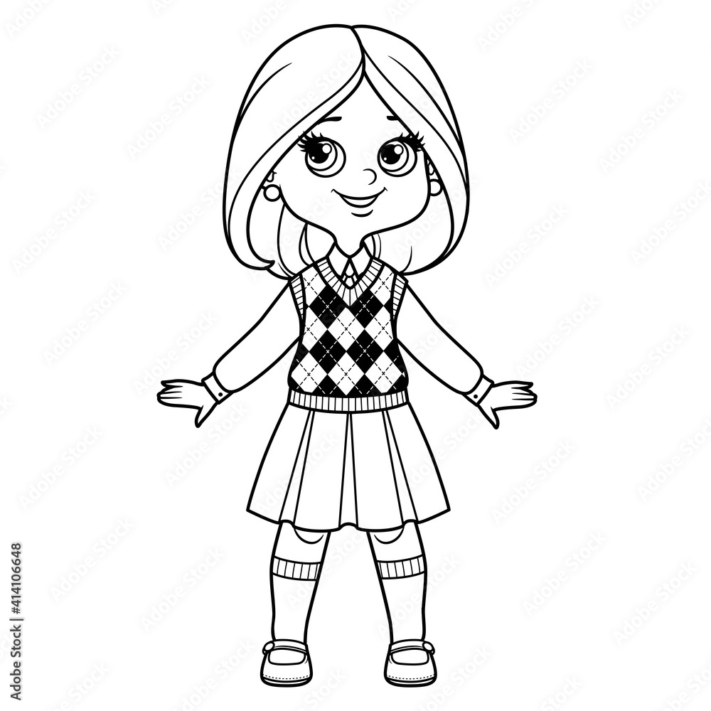 Cute cartoon girl with bob hairstyle dressed in school uniform outline for coloring on a white background Cute cartoon girl with bob hairstyle dressed in school uniform outline for coloring on a white background