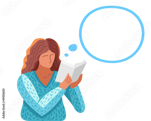 Young woman reading a book vector trendy flat illustration isolated on white, knowledge learning education, self-education, fiction literature.
