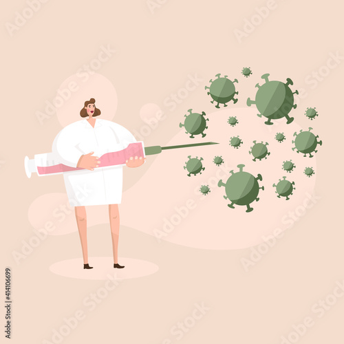 Doctor female make vaccine by syringe. Fight with virus. Vaccination. Vector  illustration. Poster, print, sticker, card design.