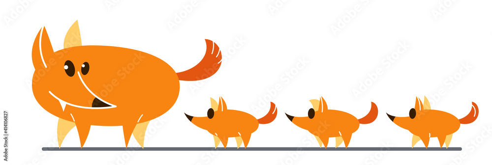 Fototapeta premium Funny cartoon mother fox with kids fox flat vector illustration isolated on white, wildlife animal humorous drawing.