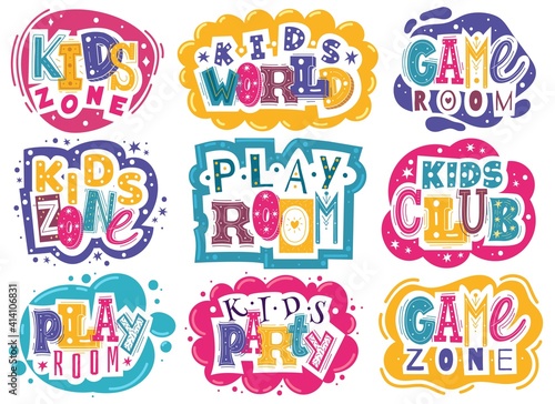 Kids zone emblems. Colorful children playroom and game area emblems, bright colorful fun logos badges, entertainment park and educational club signs, game zone party. Vector labels set