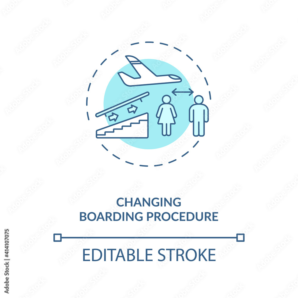 Changing boarding procedure concept icon. Travel during covid 19 idea thin line illustration. Covid test. Tourism service. Vector isolated outline RGB color drawing. Editable stroke Changing boarding procedure concept icon. Travel during covid 19 idea thin line illustration. Covid test. Tourism service. Vector isolated outline RGB color drawing. Editable stroke