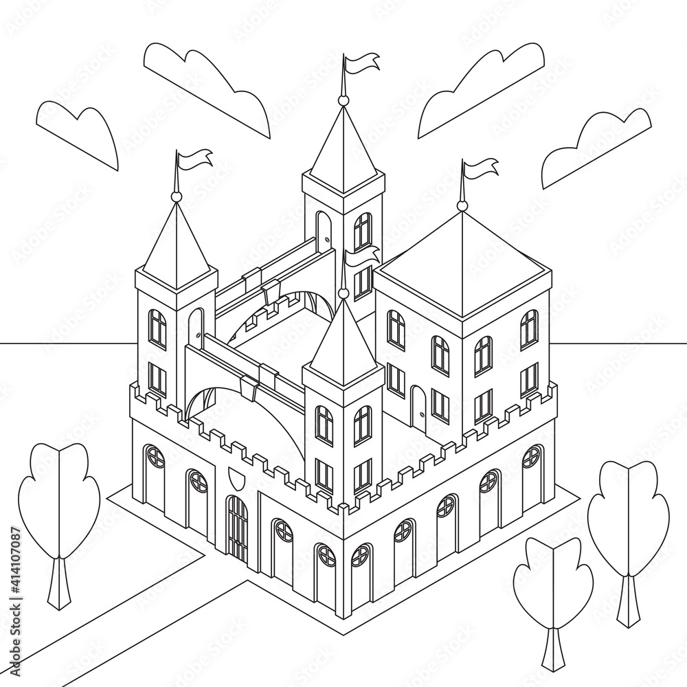 Isometry of a fairytale medieval castle against a summer landscape. Coloring book. Antistress. Vector Illustration
