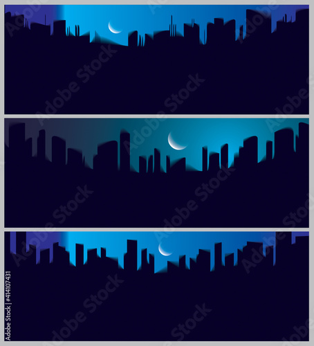 Wide panorama night city skyscrapers silhouettes skyline vector illustrations set. Perfect minimal backgrounds with copy space for text.