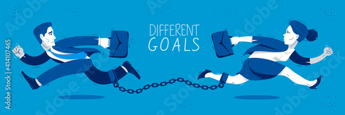 Businessman and businesswoman run in a different directions linked by a shackles to their legs vector illustration, different goals concept, man and woman business competition.
