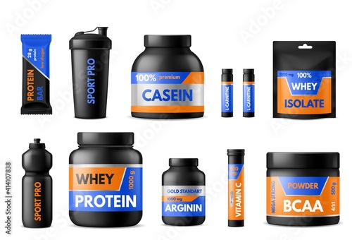 Sport nutrition labels. Bodybuilders food supplements, plastic packages with whey protein and creatine, vitamins and energy drinks, containers and bottles with stickers. Vector realistic set