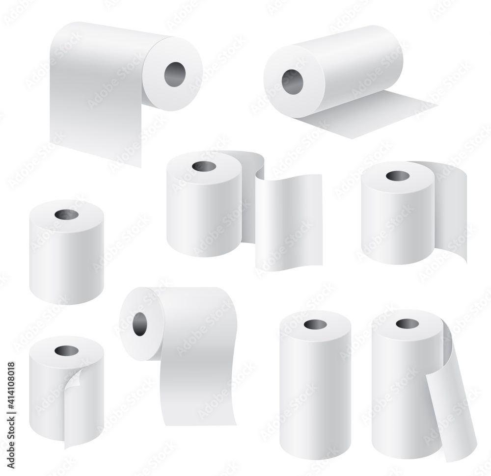 Realistic paper rolls. 3d white towel, toilet tissue on cardboard cylinder, hygiene products kitchen and bathroom accessories, different angle view, unwound pieces vector set Realistic paper rolls. 3d white towel, toilet tissue on cardboard cylinder, hygiene products kitchen and bathroom accessories, different angle view, unwound pieces vector set