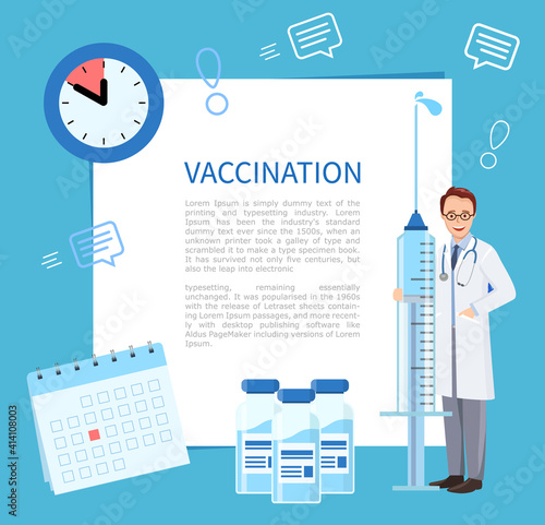 Blue Poster or banner Vaccination campaign. Doctor holding large syringe and injection bottle. Concept Immunization schedule. Vector illustration in flat style.