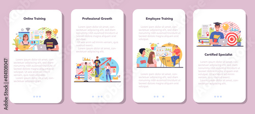 Staff training mobile application banner set. Business personnel