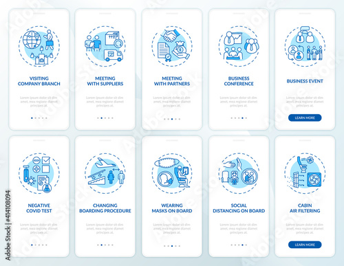 Business travel trends onboarding mobile app page screen with concepts. Meeting with partners walkthrough 10 steps graphic instructions. UI vector template with RGB color illustrations