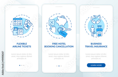 Covid related marketing tips onboarding mobile app page screen with concepts. Service optimization tickets walkthrough 3 steps graphic instructions. UI vector template with RGB color illustrations