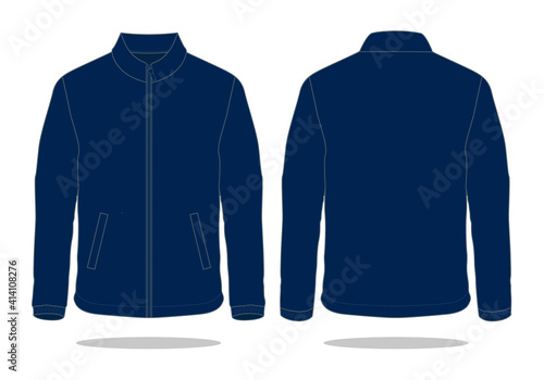 Blank Navy Blue Jacket Template on White Background. Front and Back Views, Vector File photo