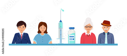 Concept of universal vaccination against corona virus. Young and old people. Students and grandparents. vaccination campaign. Vector illustration in flat style