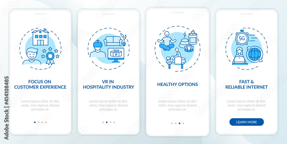 Business travel trends onboarding mobile app page screen with concepts. Service adaptation experience walkthrough 4 steps graphic instructions. UI vector template with RGB color illustrations