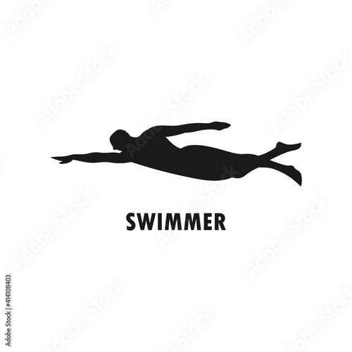 Male swimmer in swimming pool silhouette. Man exercising logo. Swim at sea icon sign or symbol. Beach concept. Athlete fitness training for competition. Healthy lifestyle. Vector illustration.