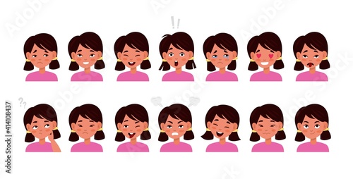 Kid face emotions set. Little cute girl different facial expressions, child portrait with smile and sadness, bored and surprised, various mood icons. Vector cartoon children character