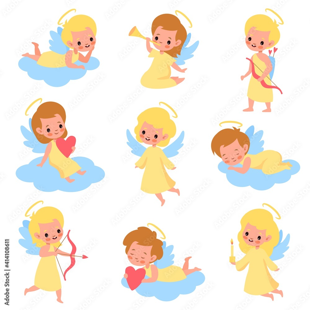 Baby angels. Funny kids cupids with wings characters, boys and girls with romantic arrows, trumpet and bows, blonde heaven angelic children on clouds. Vector cute cartoon isolated set Baby angels. Funny kids cupids with wings characters, boys and girls with romantic arrows, trumpet and bows, blonde heaven angelic children on clouds. Vector cute cartoon isolated set