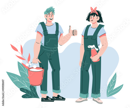 Friendly cleaning company staff at decorative backdrop with leaves, cartoon vector illustration isolated on white background. Cleaning service janitors or cleaners cartoon characters.