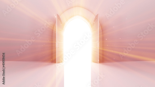 Door Opening to the brilliant Future, way to Heaven and Success. 3D illustration. photo