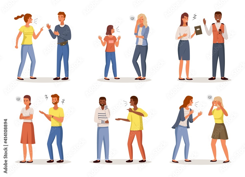 Angry people. Conflict situations. Cartoon characters quarrel with colleagues and children, partners or friends. Aggressive communication scenes. Swear at home and in office, vector set Angry people. Conflict situations. Cartoon characters quarrel with colleagues and children, partners or friends. Aggressive communication scenes. Swear at home and in office, vector set