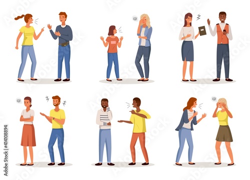 Angry people. Conflict situations. Cartoon characters quarrel with colleagues and children, partners or friends. Aggressive communication scenes. Swear at home and in office, vector set
