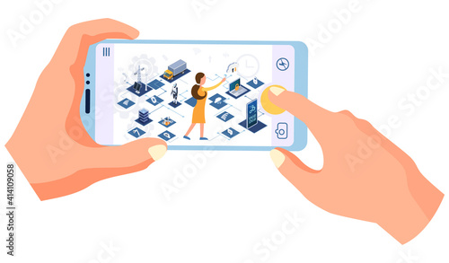Human hand holding smartphone presses button on site about modern means of technical progress. Digital circuit data line, internet of things concept computerized data storage and protection management