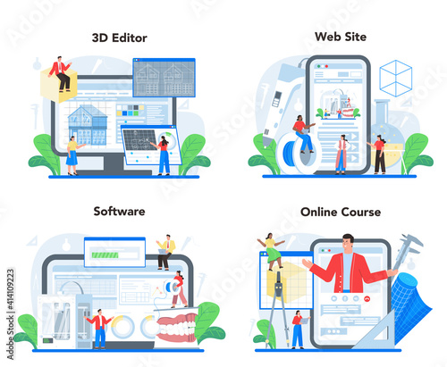 3D modeling online service or platform set. Digital drawing