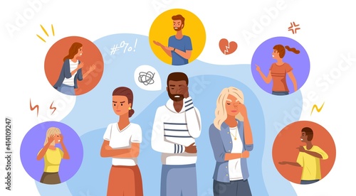 Angry people. Characters thinking about negative communication experiences. Aggressive abuse conversation with business partner and lover or friend. Vector conflict situations concept