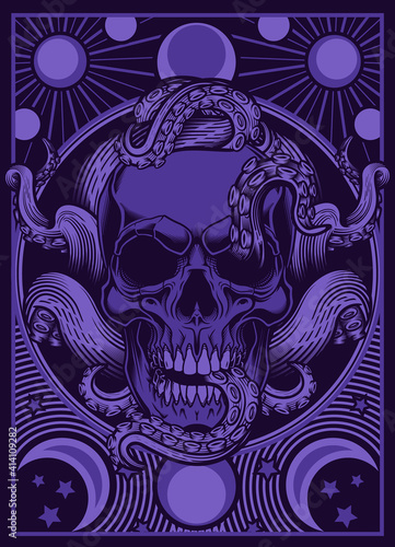 Skull with tentacles design. Vector illustration of human skull with octopus tentacles, celestial bodies design frames in engraving technique. Gothic, occult, mystery tarot card stylish background.