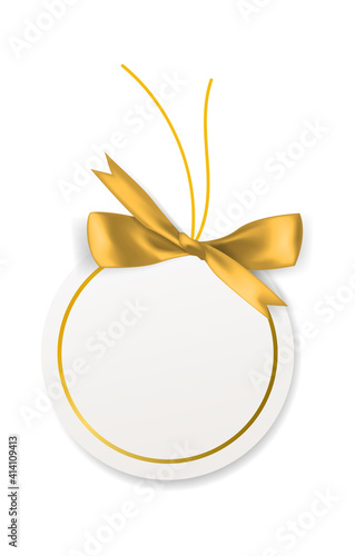 Blank white price paper label. Tag with gold bow, circle empty card with golden silk ribbon, birthday or wedding packaging gift, sticker with copy space vector realistic isolated object