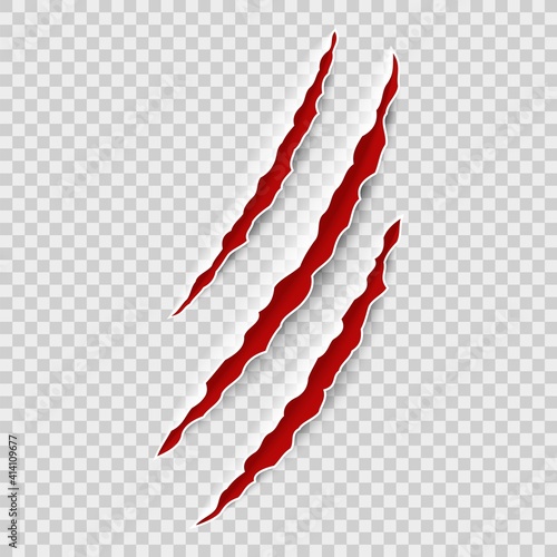 Animal claw tracks. Claws tiger or bear attack nails scratches, halloween monster laceration, scratch with blood, vector realistic isolated on transparent background single illustration