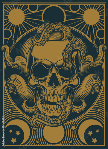 Skull with tentacles design. Vector illustration of human skull with octopus tentacles, celestial bodies design frames in engraving technique. Gothic, occult, mystery tarot card stylish background.