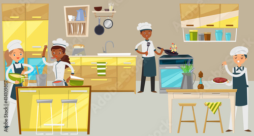 Professional chef group, young people character male female together cooking restaurant food cartoon vector illustration. Modern cafe establishment kitchen, international cuisine.