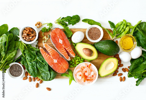 Omega 3 natural food sources concept, top down view