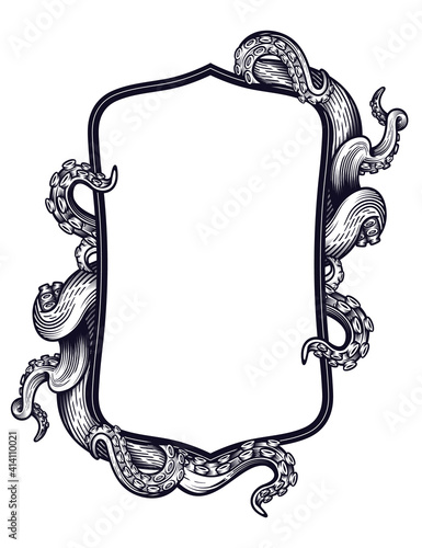 Tentacles of an octopus label frame design. Hand drawn vector illustration in engraving technique isolated on white.  