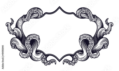 Tentacles of an octopus label frame design. Hand drawn vector illustration in engraving technique isolated on white.  