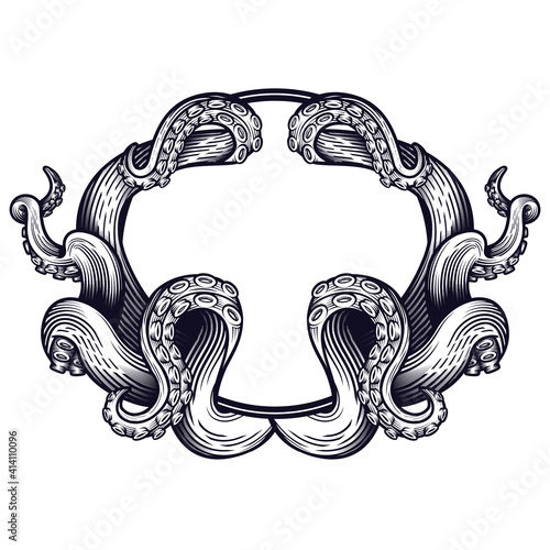 Tentacles of an octopus label frame design. Hand drawn vector illustration in engraving technique isolated on white.  