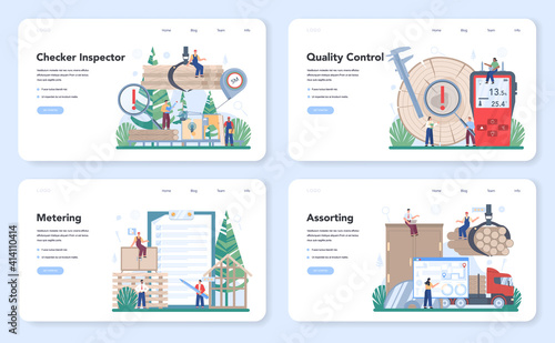Wood industry web banner or landing page set. Checker inspector